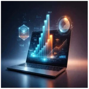 Futuristic Laptop with Holographic Financial Data Visualization