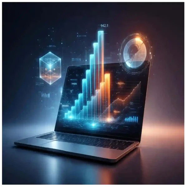 Futuristic Laptop with Holographic Financial Data Visualization