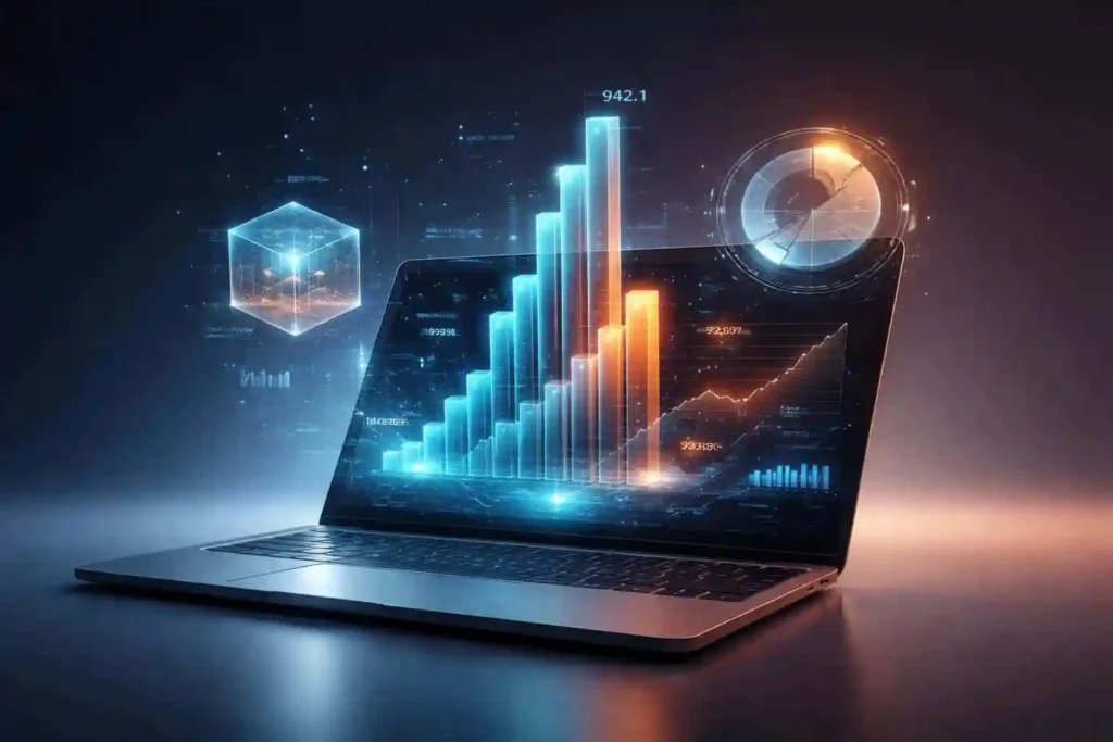 Futuristic Laptop with Holographic Financial Data