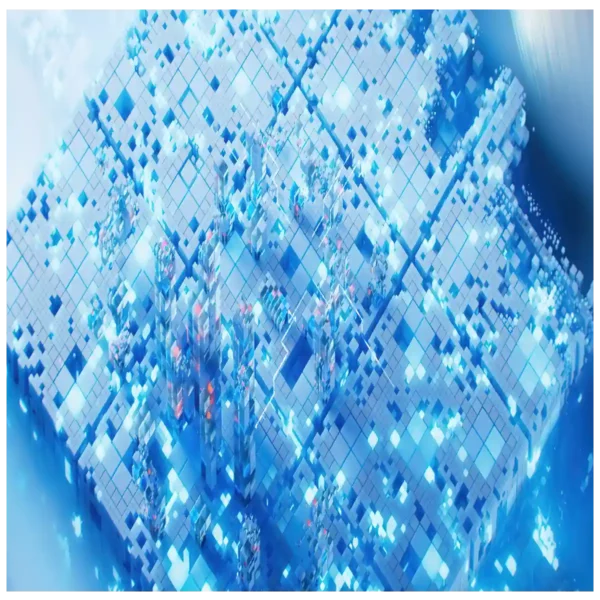 Digital Grid Landscape with Glowing Cubes