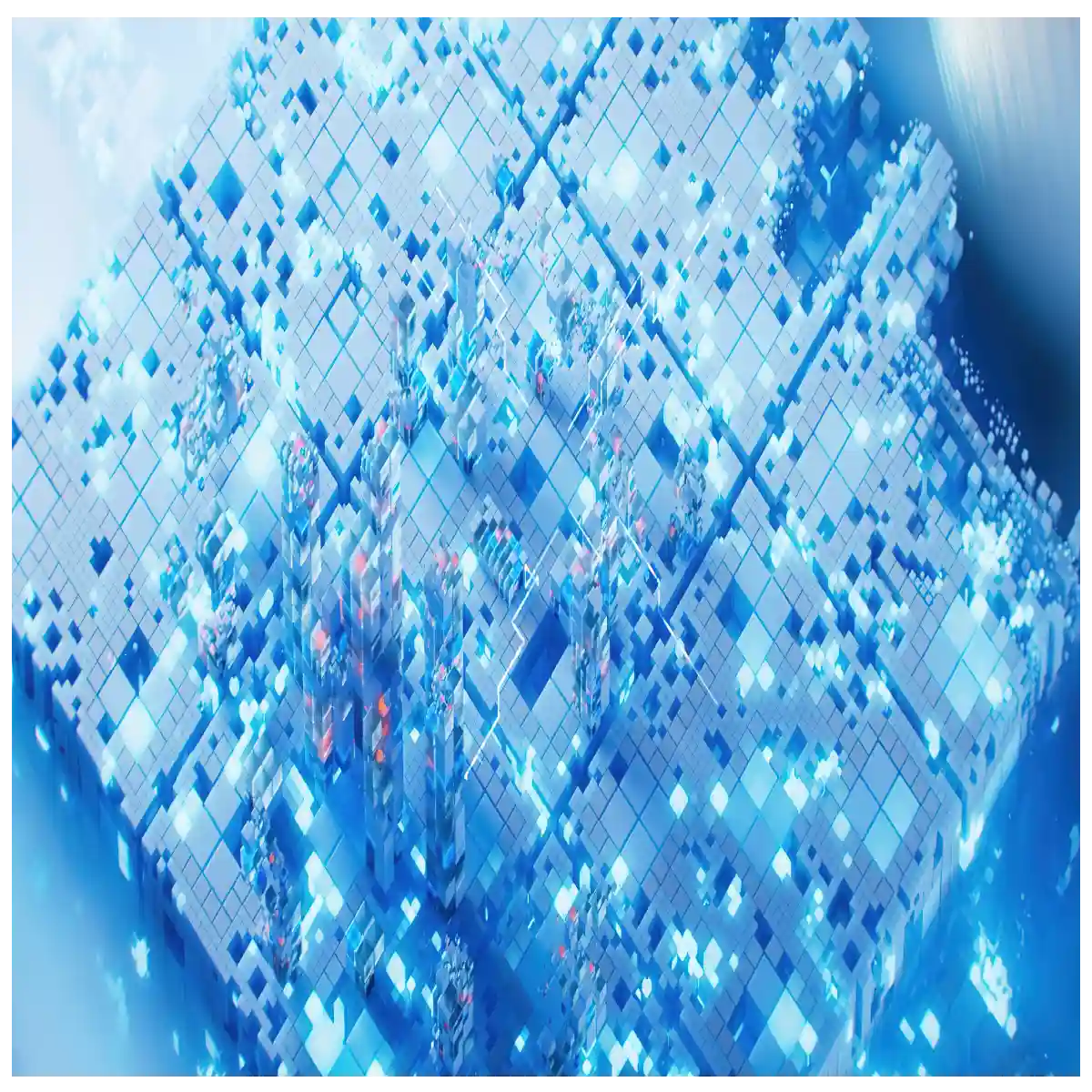 Digital Grid Landscape with Glowing Cubes