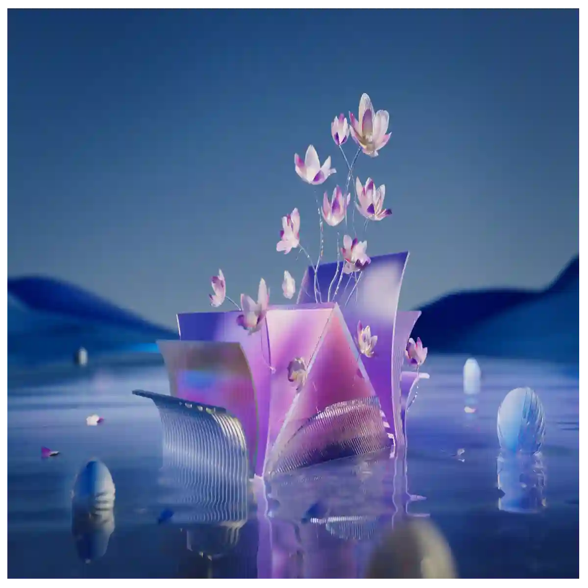 Surreal Purple Geometric Landscape with Floating Flowers